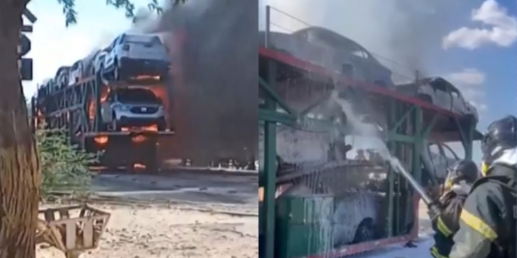 Caminhão-cegonha que transportava veículos pega fogo em rodovia no norte da Bahia